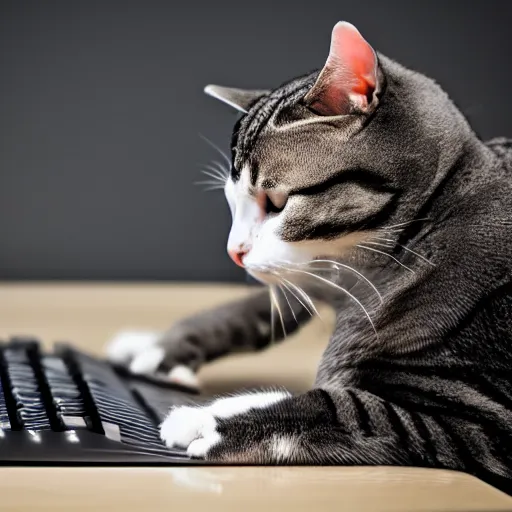 Image similar to a programmer getting angry as a cat jumps on his keyboard, ( eos 5 ds r, iso 1 0 0, f / 8, 1 / 1 2 5, 8 4 mm, postprocessed, crisp face, facial features )