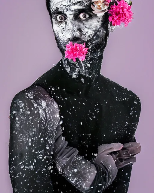 Prompt: portrait of a man, close-up, ice on the face, steel skin, high sharpness, zeiss lens, fashion photo shoot, flowers, gray hair, Coral lipstick, in the background black , in pink, illumination semidark , Edward Buba , Annie Leibovitz , Paolo Roversi , David Lazar , Jimmy Nelsson , Eiko Hosoe , artistic , hyper-realistic , beautiful face , octane rendering