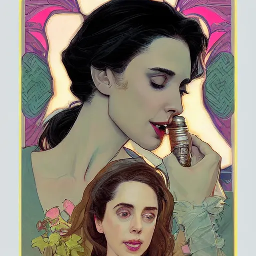 Image similar to young alison brie kissing bojack horseman, painted by artgerm and greg rutkowski and alphonse mucha. clear highly detailed face, beautiful sci fi art,