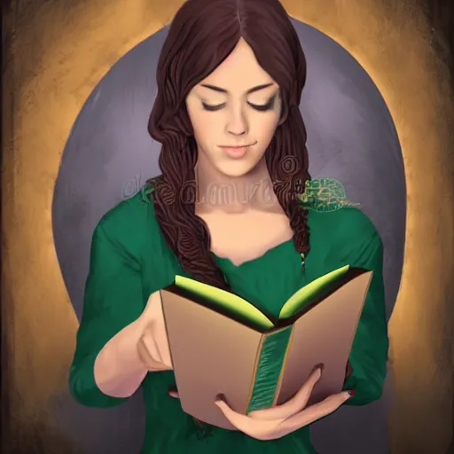 Image similar to dnd style portrait of a girl reading a book, her hair flowing down