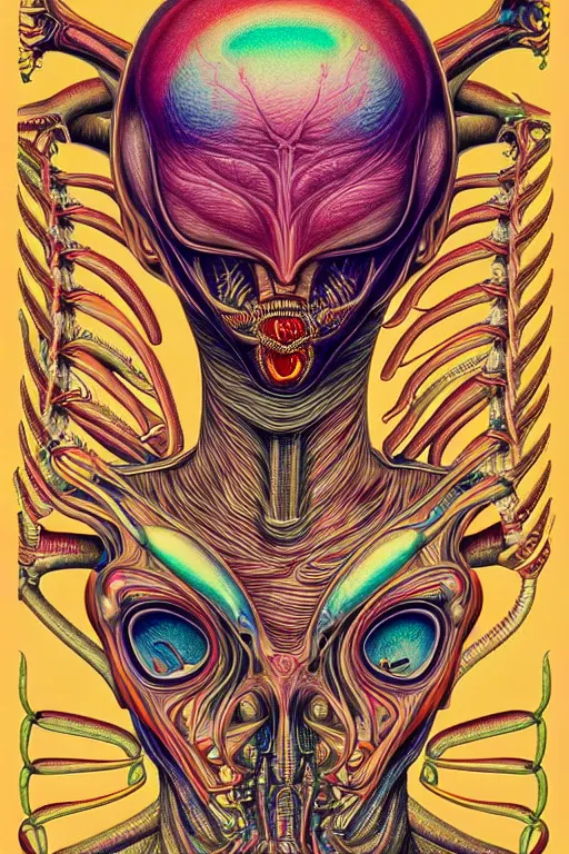 Image similar to psychedelic anatomically accurate diagram of alien animal, intricate parts, fine details, hyper realistic, by seichen, surreal