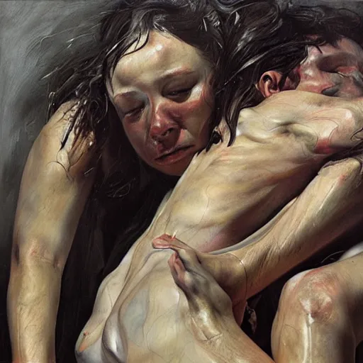 Image similar to lovers by jenny saville. dark atmosphere