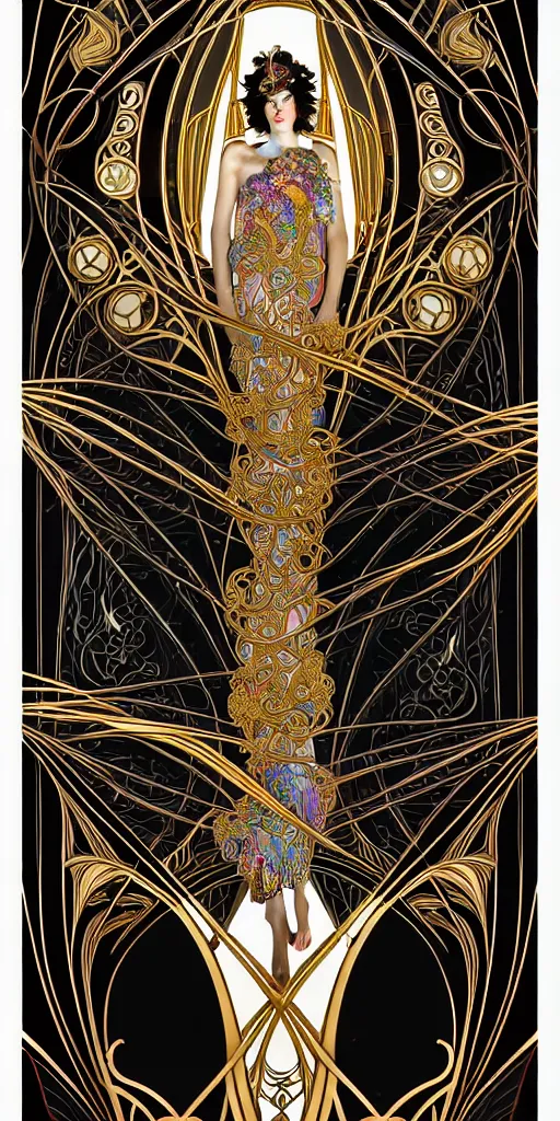 Image similar to the source of future growth dramatic, elaborate emotive Art Nouveau styles to emphasise beauty as a transcendental, seamless pattern, symmetrical, large motifs, 8k image, supersharp, medallions, iridescent black and rainbow colors with gold accents, perfect symmetry, pearlescent, High Definition, sci-fi, Octane render in Maya and Houdini, light, shadows, reflections, photorealistic, masterpiece, smooth gradients, high contrast, 3D, no blur, sharp focus, photorealistic, insanely detailed and intricate, cinematic lighting, Octane render, epic scene, 8K