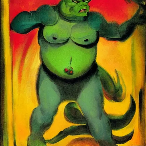 Image similar to a rotund green-skinned half-orc in the city, well-dressed, today's featured fantasy photography, expressionist color franz marc