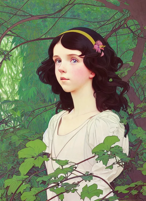 Prompt: pretty young woman resembling millie bobby brown with long hair, climbing a tree, path traced, highly detailed, high quality, digital painting, by studio ghibli and alphonse mucha, leesha hannigan, hidari, art nouveau, chiho aoshima, jules bastien - lepage