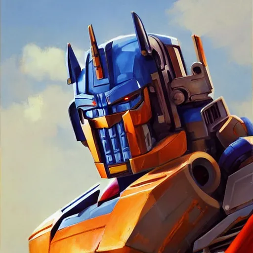 Image similar to greg manchess portrait painting of optimus prime as overwatch character, medium shot, asymmetrical, profile picture, organic painting, sunny day, matte painting, bold shapes, hard edges, street art, trending on artstation, by huang guangjian and gil elvgren and sachin teng