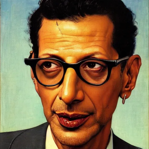 Image similar to norman rockwell painting of jeff goldblum, closeup face.