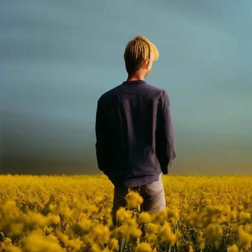 Image similar to kodak portra 4 0 0 photograph of a skinny blonde guy standing in field of golden flowers, back view, moody lighting, telephoto, 9 0 s vibe, blurry background, vaporwave colors, golden ratio, faded!,