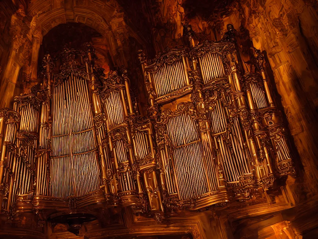 Image similar to hyper realistic photo of a luxury pipe organ interior volumetric lights designed by alan lee