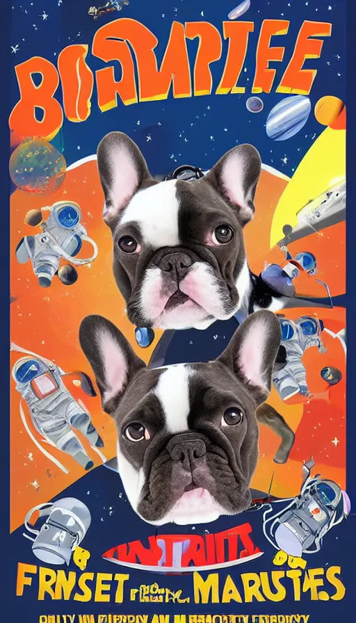 Image similar to movie poster of french bulldogs as astronauts, highly detailed, hyper realistic, large text, bright colours