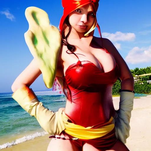 Image similar to photograph of a cute girl cosplaying as Nami from One Piece standing on a beach, cosplay, photo by Mert and Marcus