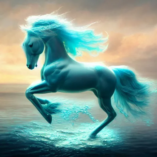 Image similar to a fantastical transparent small turquoise spirit horse made of water and foam and algae, splashing water, wave, translucent, ethereal, noble, radiant, hyperalism, scottish folklore, digital painting, artstation, concept art, smooth, 8 k frostbite 3 engine, ultra detailed, art by artgerm and greg rutkowski and magali villeneuve