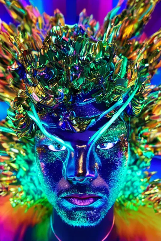 Prompt: hyper detailed ultra sharp portrait of baroque and bladerunner delicate neon sapphire sculpture of seductive onyx prince royce tigers rainbowiridescent humanoid deity wearing metallic hoody made out of leaves holding the sun prismatic dungeon, glowing rainbow face, crown of white diamonds, cinematic lighting, photorealistic, octane render 8 k depth of field 3 d