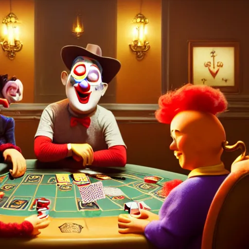 Image similar to pixar clowns playing poker, smiling maniacally | glamorous oily soft polished rich ornate modern | weta disney pixar movie still photo | hi - fructose, sci fi fantasy, smooth, octane render, sharp focus, artstation, concept art | artgerm, mucha, rutkowski, feng zhu, wlop, loish