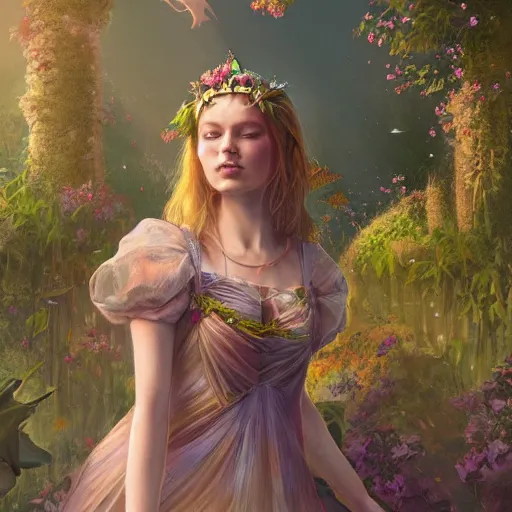 Image similar to a beautiful solarpunk princess wearing a sundress and a tiara, garden, summer, 8k resolution matte fantasy painting, cinematic lighting, DeviantArt, Artstation, Jason Felix Steve Argyle Tyler Jacobson Peter Mohrbacher