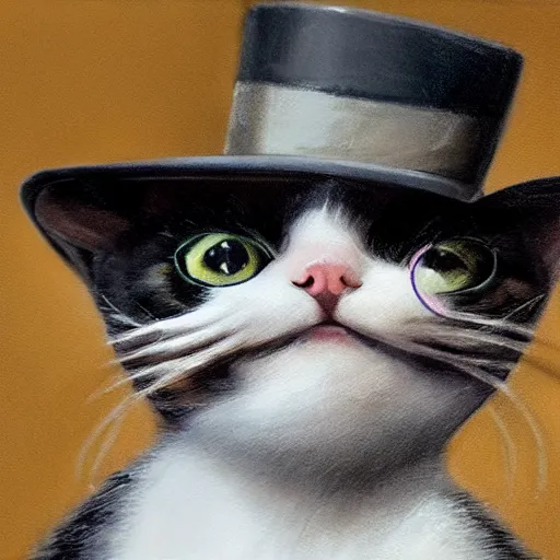 Prompt: a photorealistic, detailed, 4 k, painting of a baby cat wearing a top hat and monocle