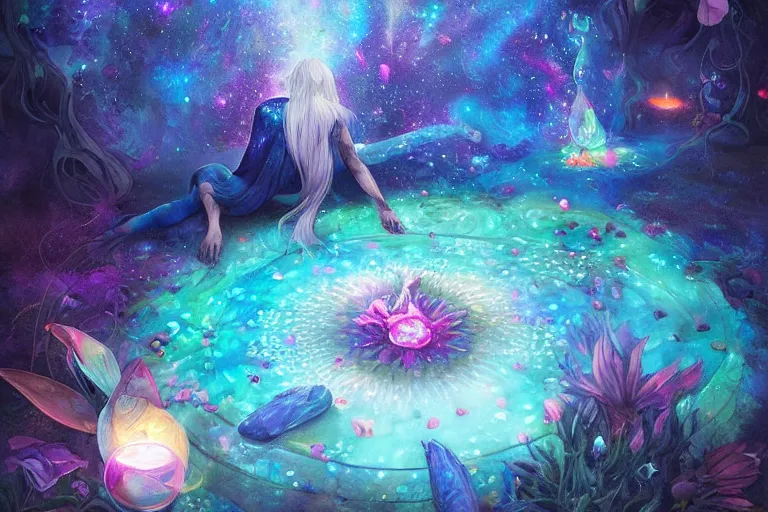 Image similar to yoni, yoni art, psychedelic, whimsical, 4k, beautiful, a crystal and flower, reflective pool, surrounded by gems, underneath the stars, rainbow fireflies, trending on patreon, deviantart, twitter, artstation, volumetric lighting, heavy contrast, art style of Greg Rutkowski and Miho Hirano and Ross Tran