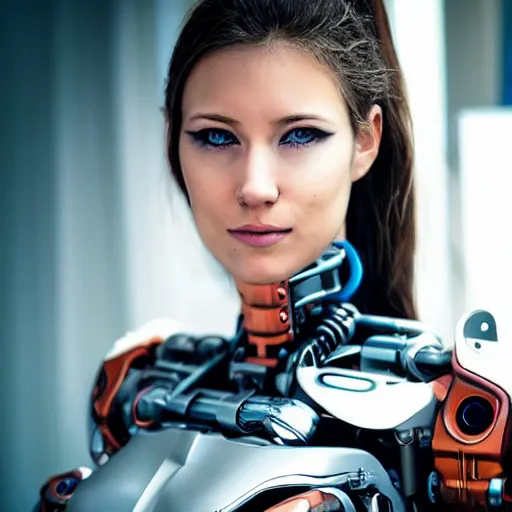 Prompt: portrait photo of a beautiful female cyborg........................................... looking down