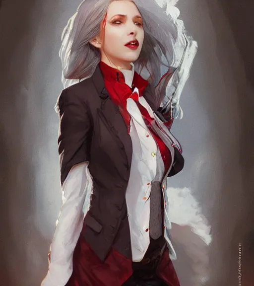 Image similar to a female vampire a golden waistcoat, red shirt, grey hair, red necktie, cinematic, stunning, highly detailed, digital painting, artstation, smooth, hard focus, full body shot, illustration, art by artgerm and greg rutkowski and alphonse mucha