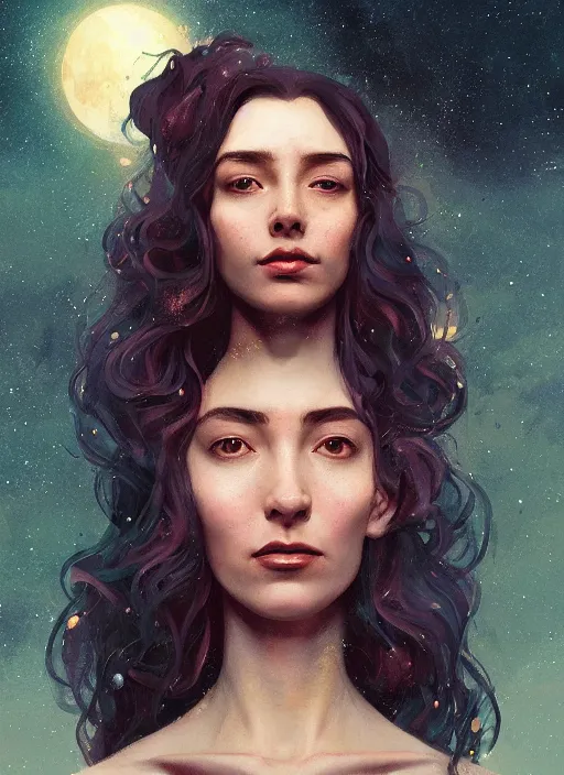 Prompt: woman [ who has hair that matches the cosmos ]!!, portrait!!, illustrated by artgerm, greg rutkowski, peder balke, mary anning, and balthus, trending on cgsociety, cgsociety portrait, cgsociety contest winner, award winning, luminous lighting, 4 k details