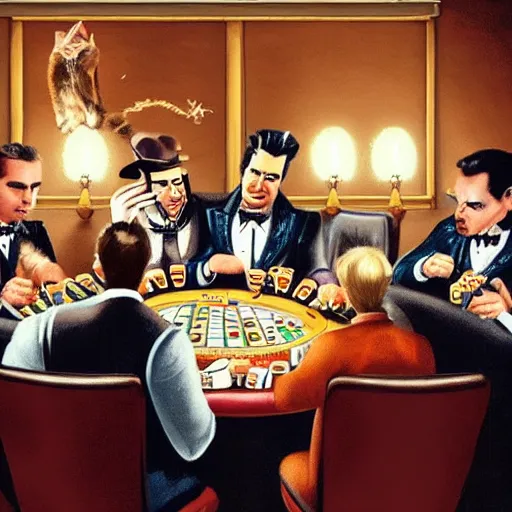 Image similar to cat mafia playing poker in a casino, dringing whiskey and smoking cigars