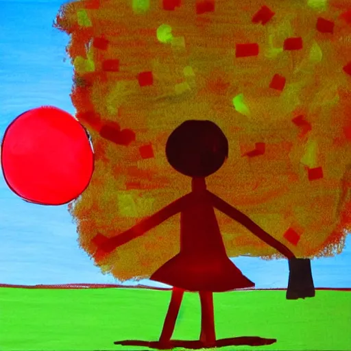 Prompt: stick figure of a girl holding a red balloon in a park, children's artwork