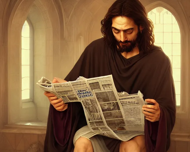 Image similar to photography of jesus christ sitting a toilet reading newspaper about terrorists, deep focus, d & d, fantasy, intricate, elegant, highly detailed, simple background, digital painting, artstation, concept art, matte, sharp focus, illustration, hearthstone, art by artgerm and greg rutkowski and alphonse mucha