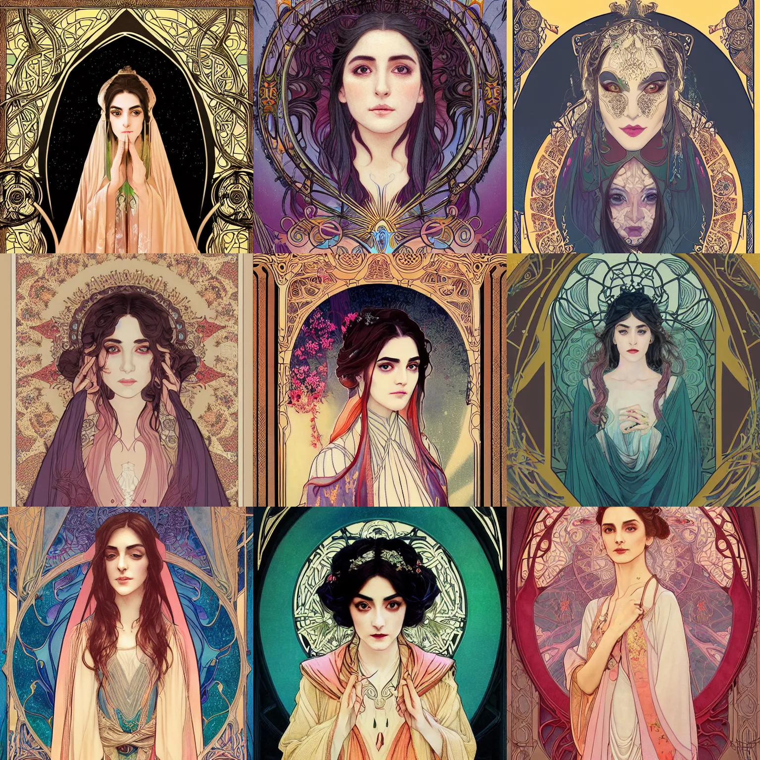 Prompt: masterpiece head-on symmetrical centered painted portrait, Maya Ali as D&D sorcerer, hand drawn Art Nouveau illustration, wearing wizard robes, delicate, elegant, tarot card background, in the style of ROSSDRAWS and Ruan Jia and Ross Tran and Alphonse Mucha and Ayami Kojima and Charlie Bowater and Karol Bak and Jean Delville, rich bright colours