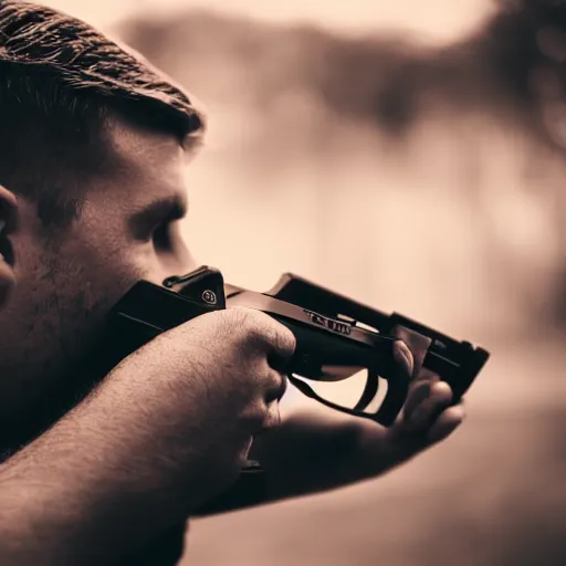 Prompt: An atmospheric close up photo of A man sticking a gun in the camera, bokeh, hard grain film, masterpiece