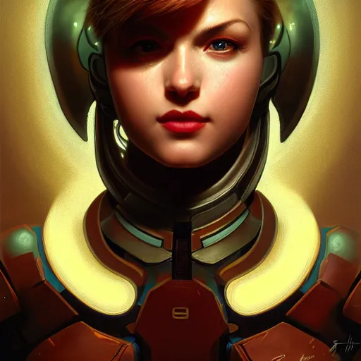 Prompt: head and shoulder portrait of Samus Aran with partial armor, dark fantasy, medium shot, intricate, elegant, highly detailed, digital painting, volumetric light, artstation, concept art, smooth, sharp focus, illustration, art by Gil Elvgren and Greg Rutkowski and Alphonse Mucha