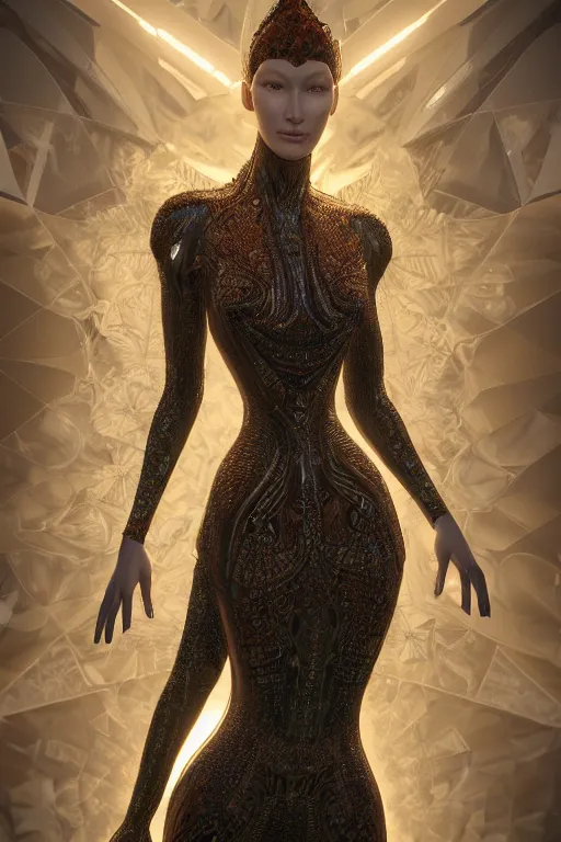 Prompt: a highly detailed metahuman render portrait of an alien goddess bella hadid in iris van herpen dress schiaparelli in diamonds and jewelry in style of alphonse mucha trending on artstation made in unreal engine 4