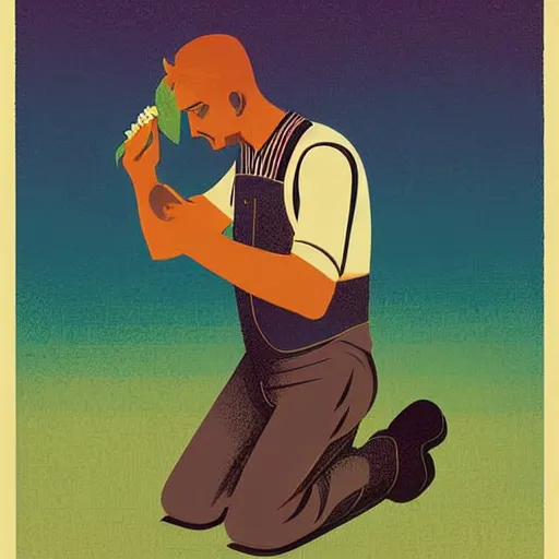 Image similar to farmer kneeling down putting a seed in the ground, limited neutral palette, by petros afshar, anton fadeev, dean ellis, beautiful graphic full body portrait, propaganda poster art 1 9 7 0 s illustrated advertising art, painterly character design