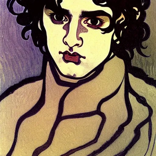 Image similar to painting of young cute handsome beautiful dark medium wavy hair man in his 2 0 s named shadow taehyung at the halloween pumpkin party, somber, depressed, melancholy, sad, elegant, clear, painting, stylized, delicate, soft facial features, delicate facial features, soft art, art by alphonse mucha, vincent van gogh, egon schiele