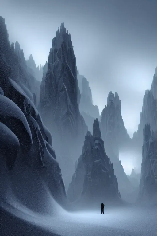 Image similar to futuristic atmosphere in the snowy mountains dolomites 3 d concept art, cinematic lighting, mouth of a cave, rule of thirds, depth of field, intricate details, building by zaha hadid, stormy weather, emissary space by arthur haas and bruce pennington and john schoenherr, cinematic matte painting, dark moody monochrome colors, trending on artstation, featured on behance