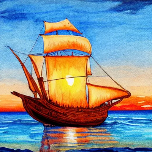 Image similar to medieval ship on the sea, sunset, painting style