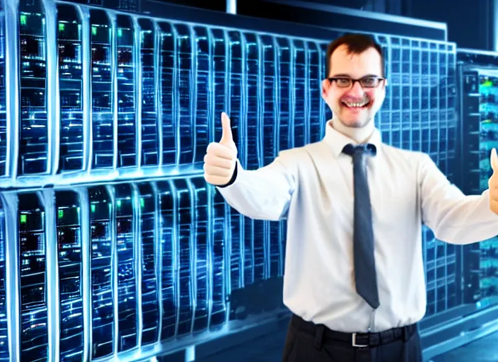 Image similar to A system administrator doing a thumb up to the camera in front on burning servers, servers in flames, happy system administrator doing a thumb up, uncropped, full body