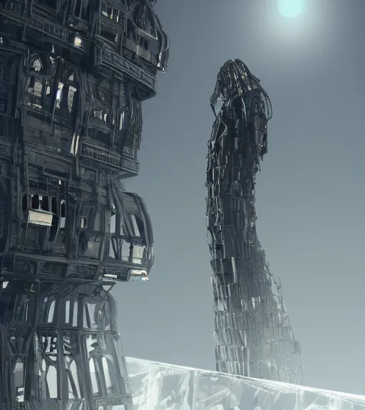 Prompt: tarkovsky greatest scene, the falling apart ancient destroyed majestic tower of babylon, a woman in futuristic cyber clothing, transparent puffer jacket, hyper realistic, cyber blockchain, cyber world, ambient lighting, concept art, intricate, hyper - detailed, smooth, dynamic volumetric lighting, octane, ray trace, cinematic, high quality, high resolution, 4 k, cgsociety