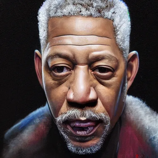 Image similar to hyperrealistic mixed media high resolution painting of Benjamin Hammond Haggerty Macklemore (Morgan Freeman), stunning 3d render inspired art by István Sándorfi and Greg Rutkowski and Unreal Engine, perfect facial symmetry, dim volumetric lighting, 8k octane beautifully detailed render, full body shot, post-processing, extremely hyper-detailed, intricate, epic composition, highly detailed attributes, highly detailed atmosphere, cinematic lighting, masterpiece, trending on artstation, very very detailed, masterpiece, stunning, flawless completion, lifelike texture, perfection,