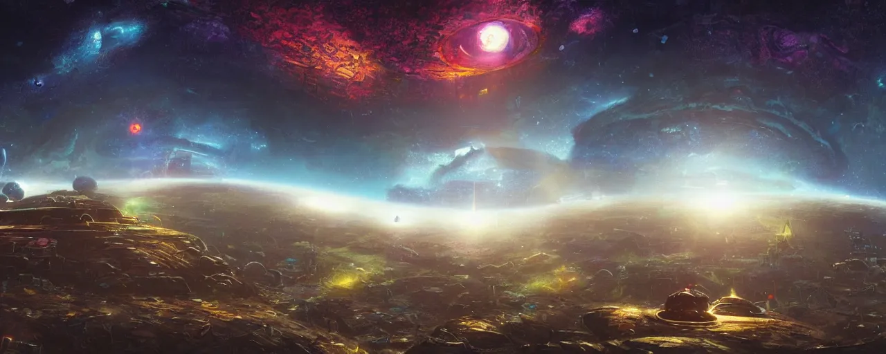 Image similar to ” planetary portal abandoned over open sky, [ art by paul lehr, cinematic, detailed, epic, widescreen, opening, establishing, mattepainting, photorealistic, realistic textures, octane render ] ”