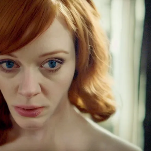 Image similar to a very surprised looking beautiful Christina Hendricks r in the living room, film still from the movie directed by Denis Villeneuve , wide lens