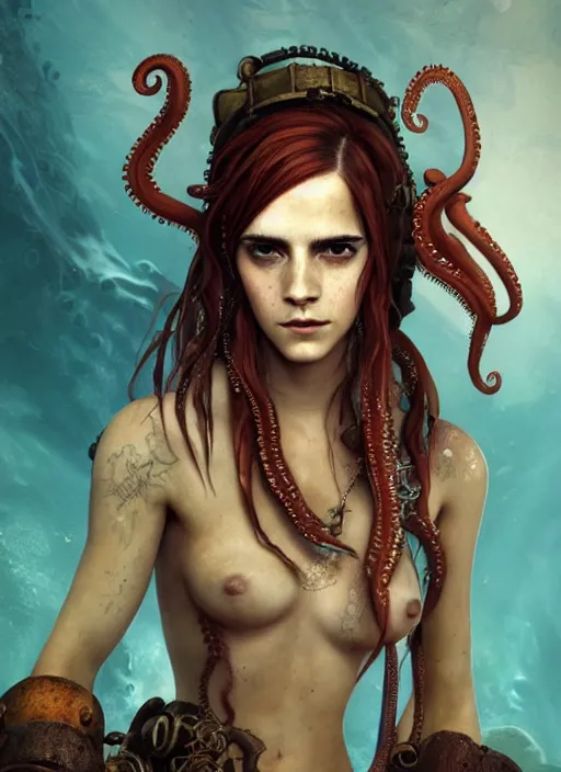 Prompt: underwater steampunk pirate portrait of emma watson, red hair, octopus, giger, hyper detailed, digital art, cinematic lighting, studio quality, smooth render, unreal engine 5, octane rendered, art style by klimt and nixeu and ian sprigger and wlop and krenz cushart.