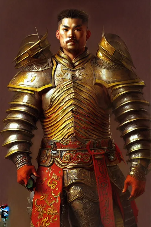 Prompt: attractive beefy male with armor, ming dynasty, character design, colorful paint, sweat, painting by gaston bussiere, craig mullins, j. c. leyendecker