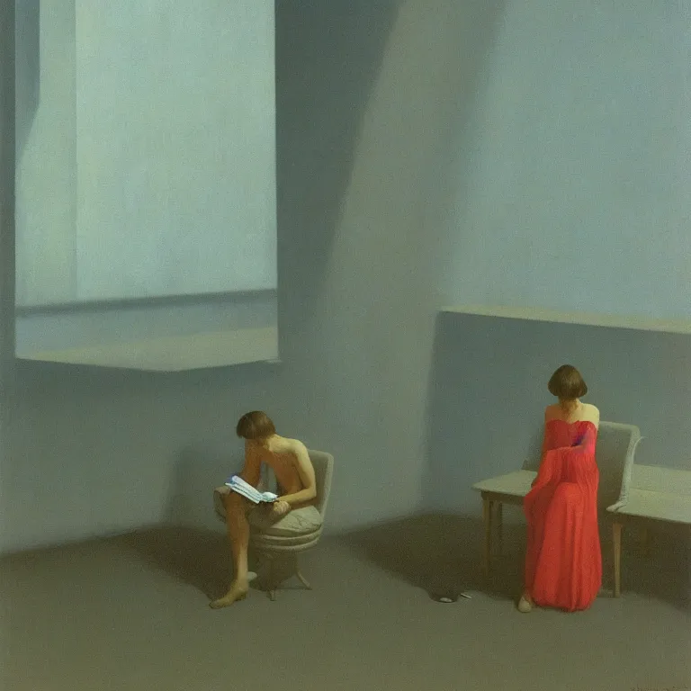 Prompt: i have lost my glasses , Edward Hopper and James Gilleard, Zdzislaw Beksinski, Steven Outram highly detailed