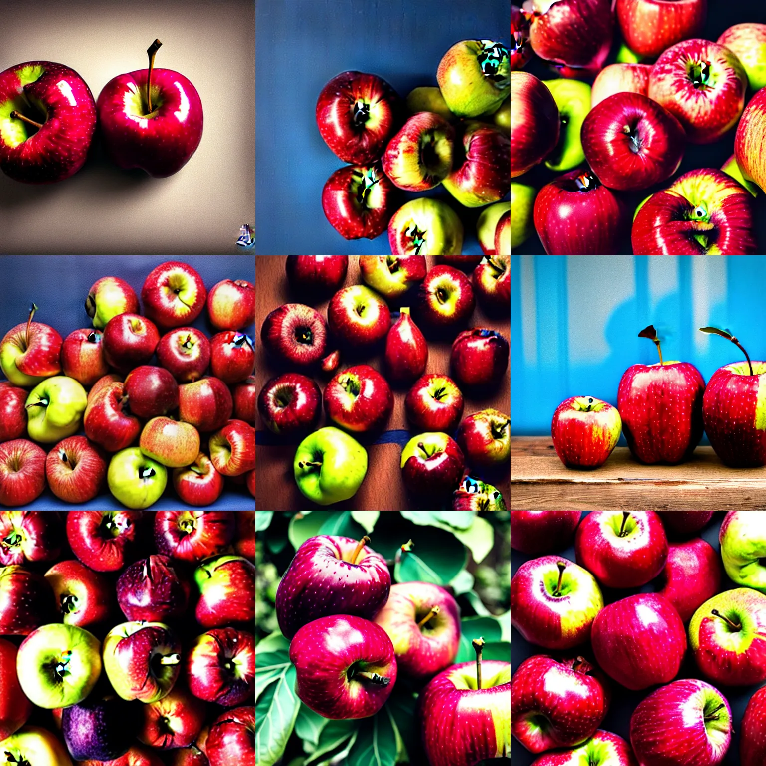 Prompt: blues apples and red bananas, photography