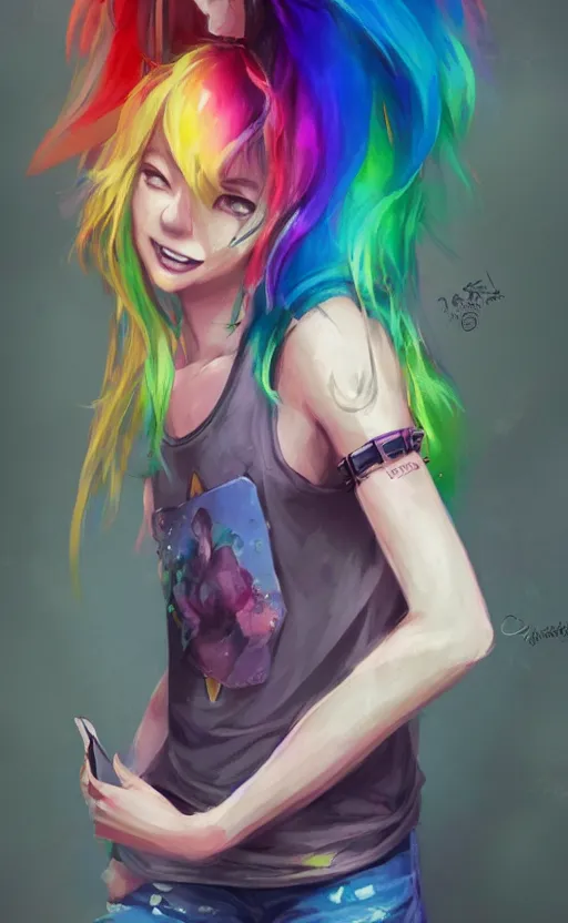 Image similar to a kawaii woman with rainbow hair smiling, tanktop and jeans, In style of by Jordan Grimmer and greg rutkowski, concept art, highly detailed