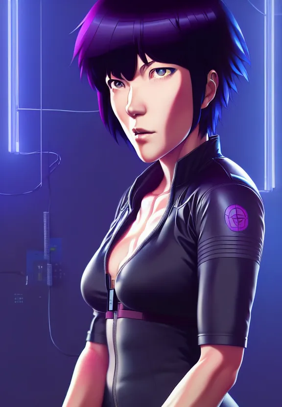 Image similar to a fullbody portrait of motoko kusanagi the major ghost in the shell : : connected to cables, under repairs, maintenance area, technicians : : by ilya kuvshinov, rossdraws, artgerm, sola digital arts, anti aliasing, raytracing : :