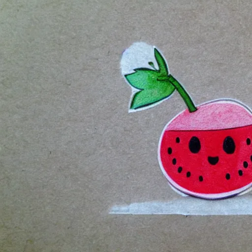 Image similar to pencil sketch of cartoon diecut sticker of cute kawaii watermellon slice with white border and light gray background on paper