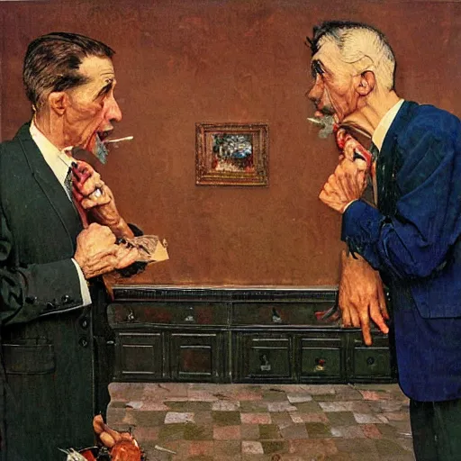 Prompt: an oil painting of two gentlemen arguing , by Norman Rockwell, mashup collage distorded