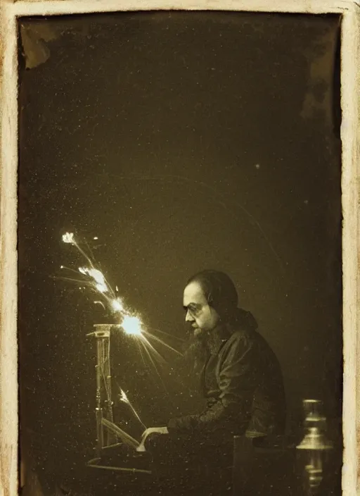 Image similar to old wetplate daguerreotype archetype portrait of a architect dreaming about his creations, explosion of data fragments, fractal, intricate, elegant, highly detailed, parallax, leica, medium format, subsurface scattering, by jheronimus bosch and greg rutkowski and louis jacques mande daguerre