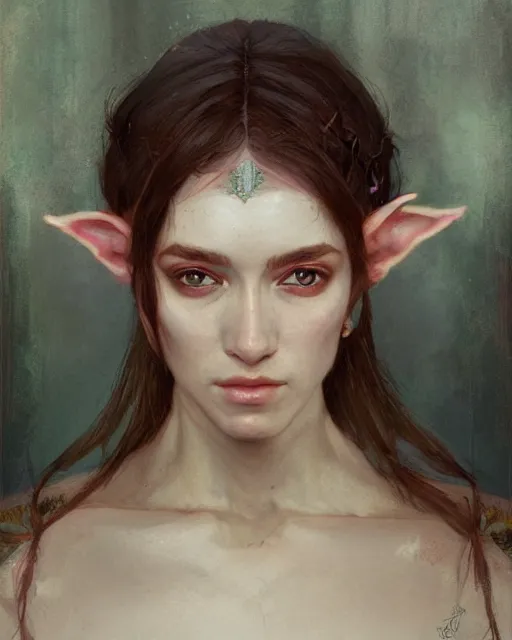 Image similar to an upper body portrait of a beautiful elf princess, oil painting, by Fernanda Suarez and and Edgar Maxence and greg rutkowski